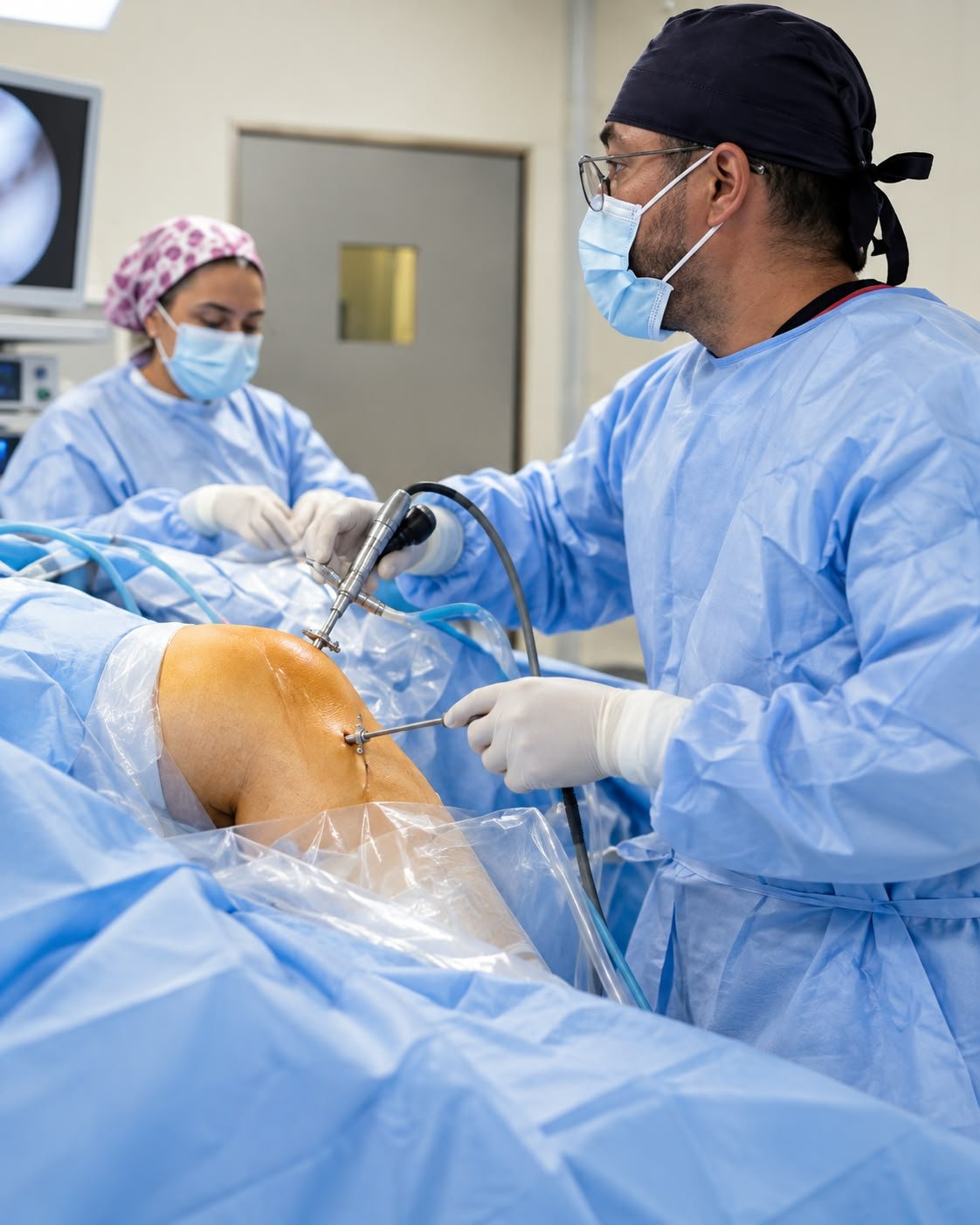 Equipo médico realizando una artroscopia de rodilla